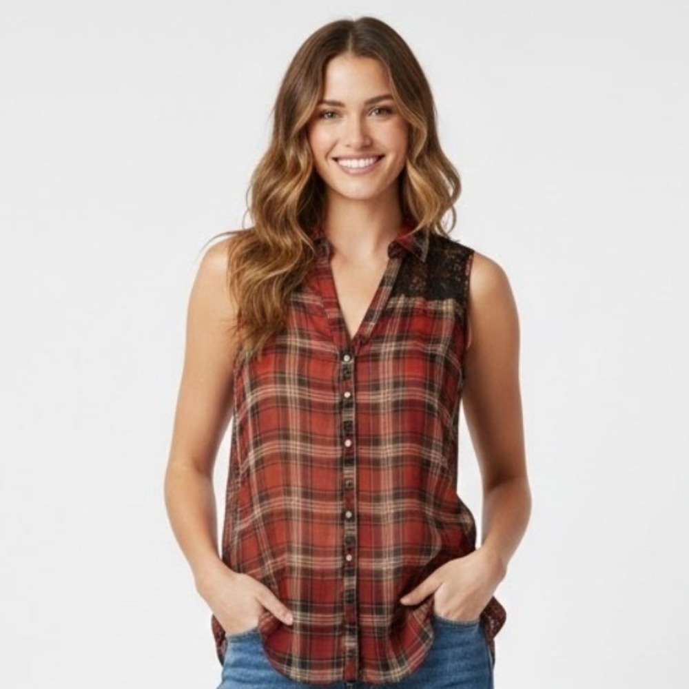 WetSeal Women XS Red Plaid Sleeveless Sheer Shirt Lace Button Y2K Grunge Western